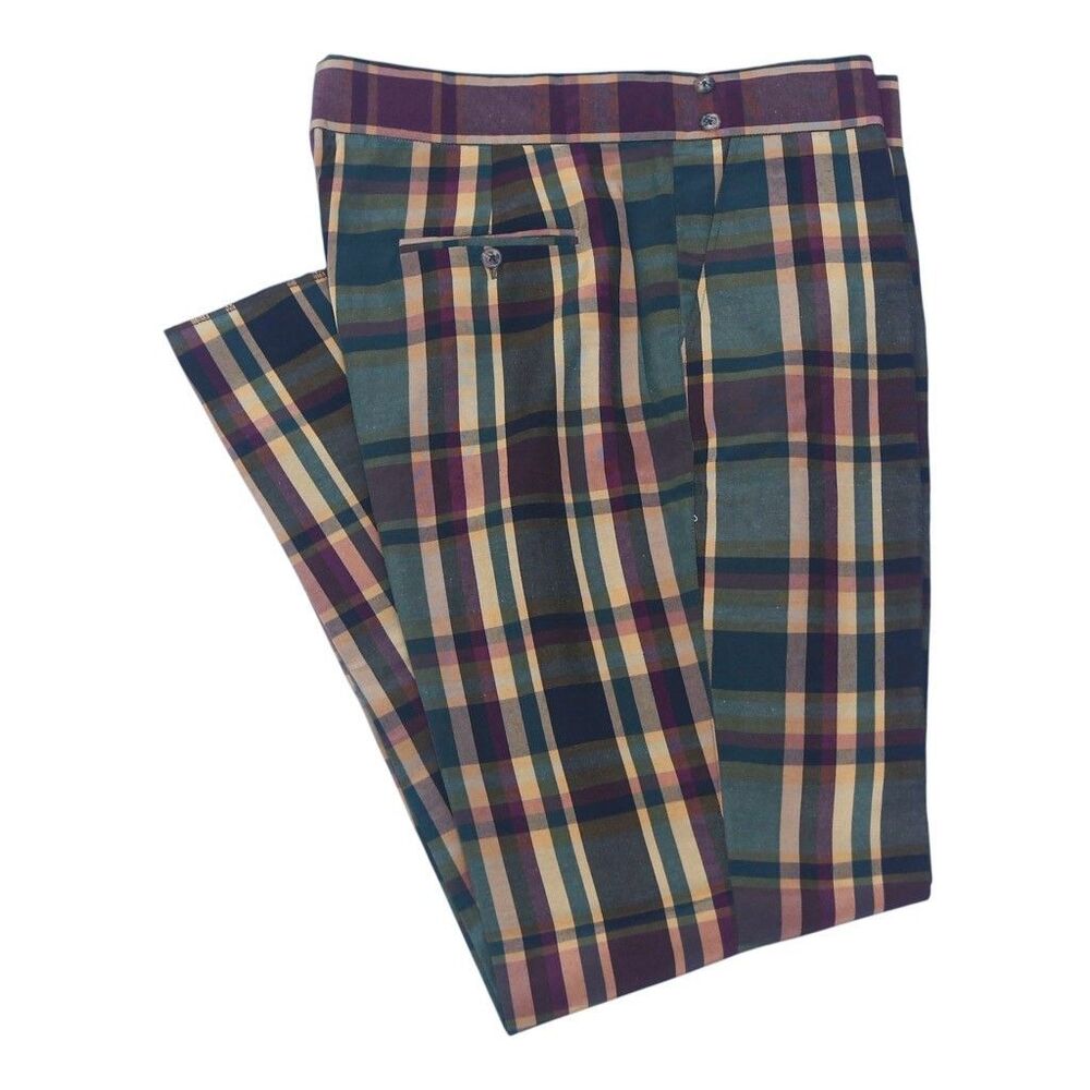 Mens Gurkha Pants 38 Plaid Chino Trousers Green Gold Purple Straight Flat Front
